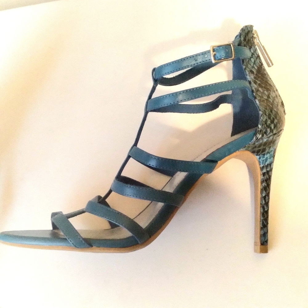 Christian Siriano for Payless Teal Blue Green Strappy High Heels Snake Print 7.5
